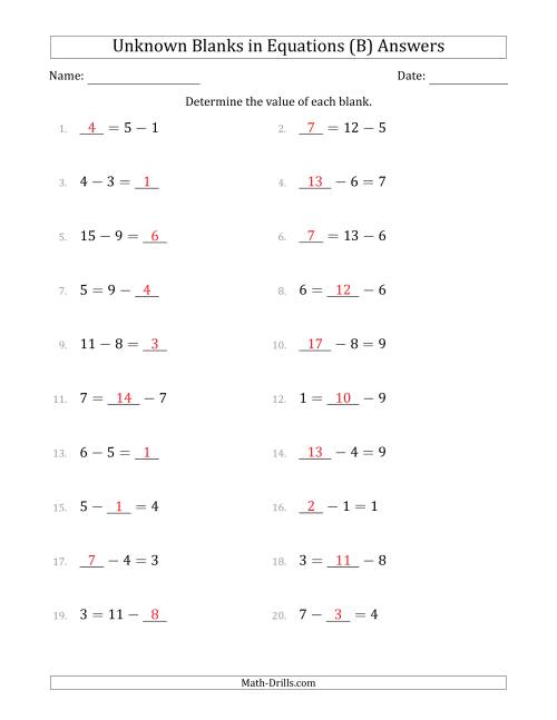 The Unknown Blanks in Equations - Subtraction - Range 1 to 9 - Any Position (B) Math Worksheet Page 2