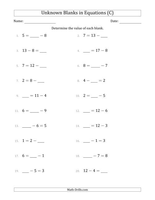 The Unknown Blanks in Equations - Subtraction - Range 1 to 9 - Any Position (C) Math Worksheet