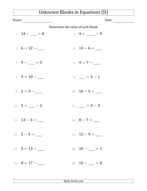 The Unknown Blanks in Equations - Subtraction - Range 1 to 9 - Any Position (D) Math Worksheet