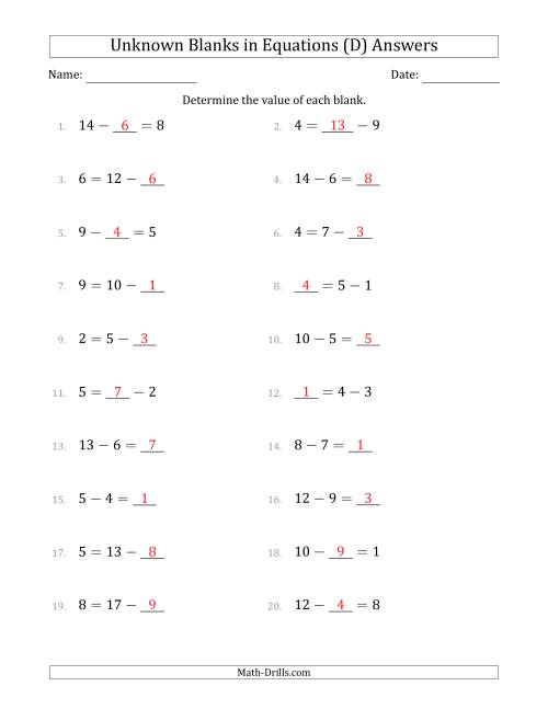 The Unknown Blanks in Equations - Subtraction - Range 1 to 9 - Any Position (D) Math Worksheet Page 2