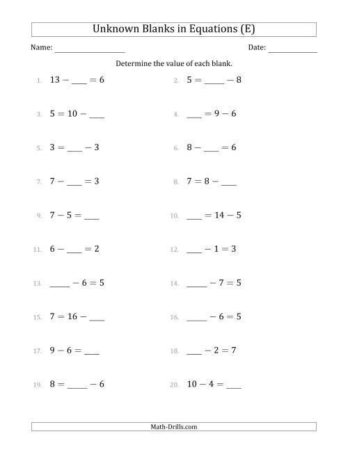 The Unknown Blanks in Equations - Subtraction - Range 1 to 9 - Any Position (E) Math Worksheet
