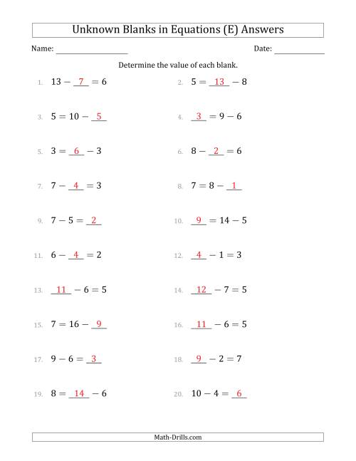 The Unknown Blanks in Equations - Subtraction - Range 1 to 9 - Any Position (E) Math Worksheet Page 2