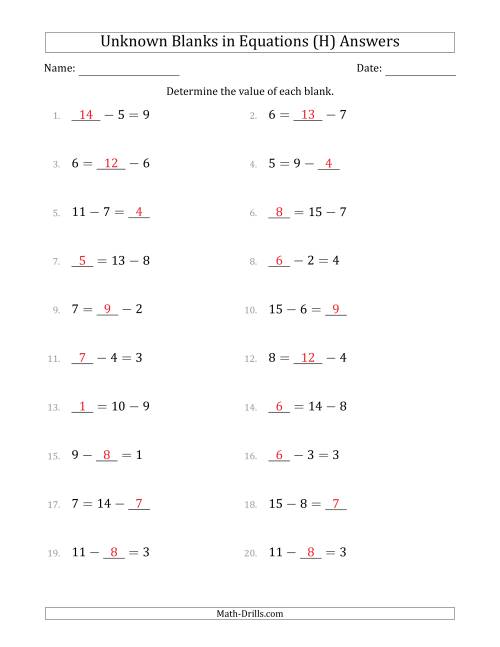 The Unknown Blanks in Equations - Subtraction - Range 1 to 9 - Any Position (H) Math Worksheet Page 2