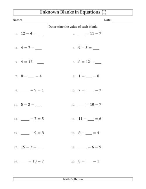 The Unknown Blanks in Equations - Subtraction - Range 1 to 9 - Any Position (I) Math Worksheet