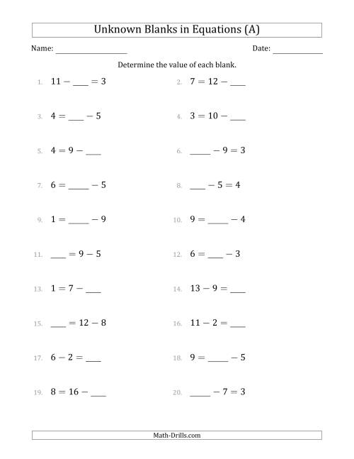 The Unknown Blanks in Equations - Subtraction - Range 1 to 9 - Any Position (All) Math Worksheet