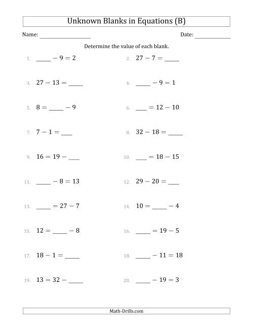The Unknown Blanks in Equations - Subtraction - Range 1 to 20 - Any Position (B) Math Worksheet