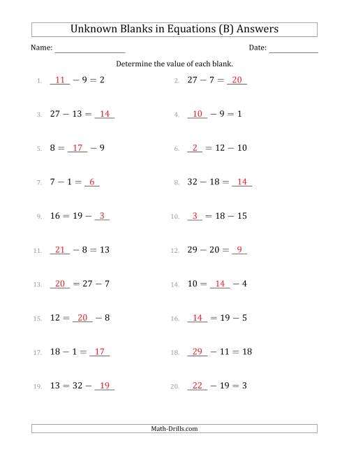 The Unknown Blanks in Equations - Subtraction - Range 1 to 20 - Any Position (B) Math Worksheet Page 2