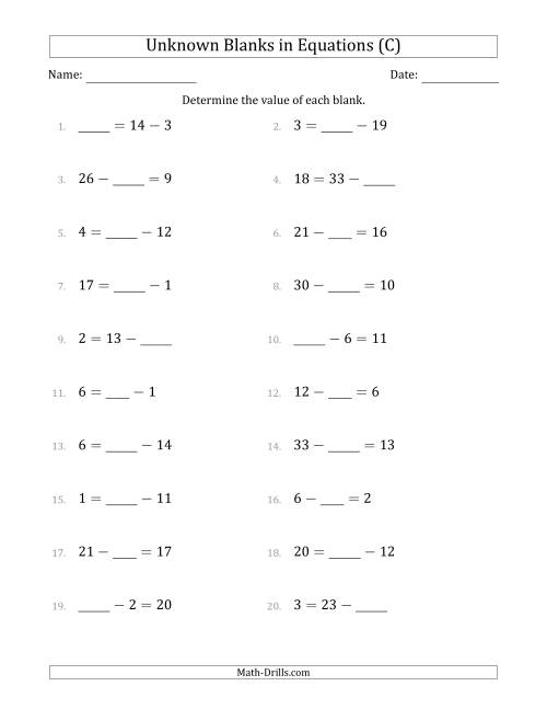 The Unknown Blanks in Equations - Subtraction - Range 1 to 20 - Any Position (C) Math Worksheet