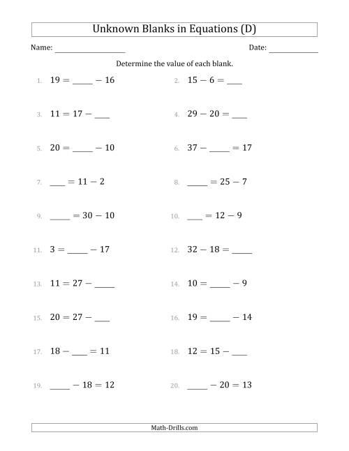 The Unknown Blanks in Equations - Subtraction - Range 1 to 20 - Any Position (D) Math Worksheet