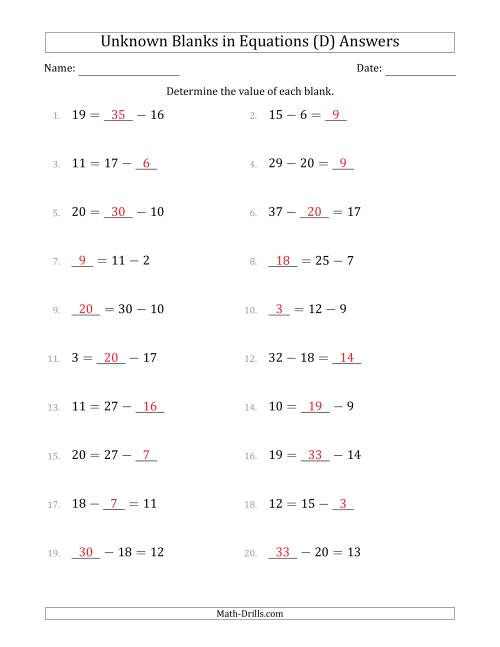 The Unknown Blanks in Equations - Subtraction - Range 1 to 20 - Any Position (D) Math Worksheet Page 2