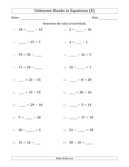 The Unknown Blanks in Equations - Subtraction - Range 1 to 20 - Any Position (E) Math Worksheet