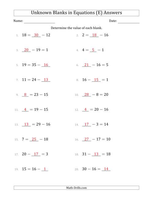 The Unknown Blanks in Equations - Subtraction - Range 1 to 20 - Any Position (E) Math Worksheet Page 2