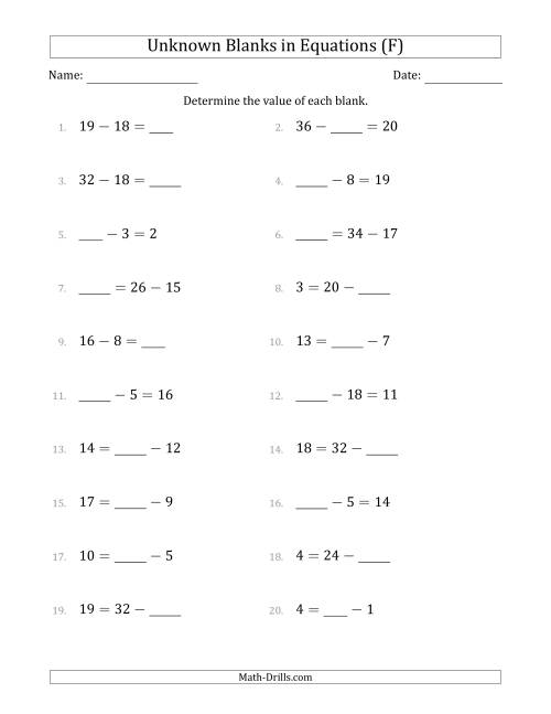 The Unknown Blanks in Equations - Subtraction - Range 1 to 20 - Any Position (F) Math Worksheet