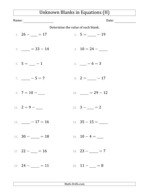 The Unknown Blanks in Equations - Subtraction - Range 1 to 20 - Any Position (H) Math Worksheet