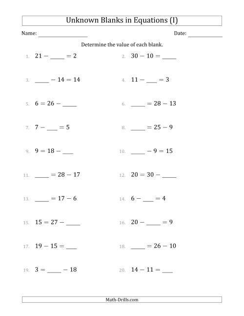 The Unknown Blanks in Equations - Subtraction - Range 1 to 20 - Any Position (I) Math Worksheet