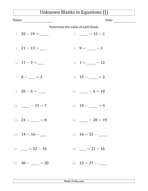 The Unknown Blanks in Equations - Subtraction - Range 1 to 20 - Any Position (J) Math Worksheet