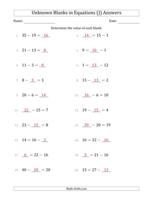 The Unknown Blanks in Equations - Subtraction - Range 1 to 20 - Any Position (J) Math Worksheet Page 2