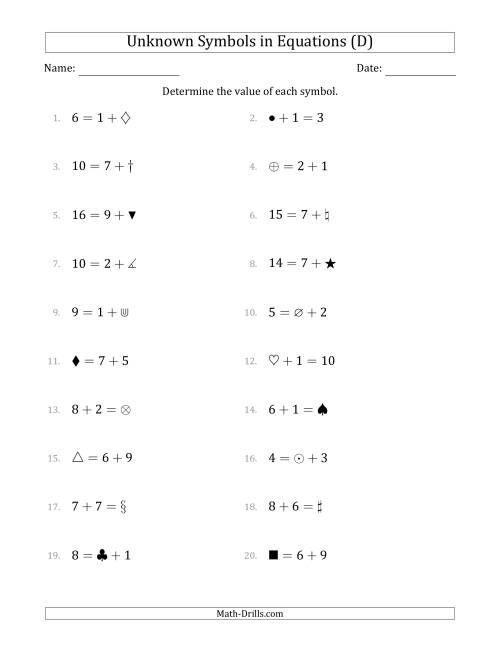 The Unknown Symbols in Equations - Addition - Range 1 to 9 - Any Position (D) Math Worksheet