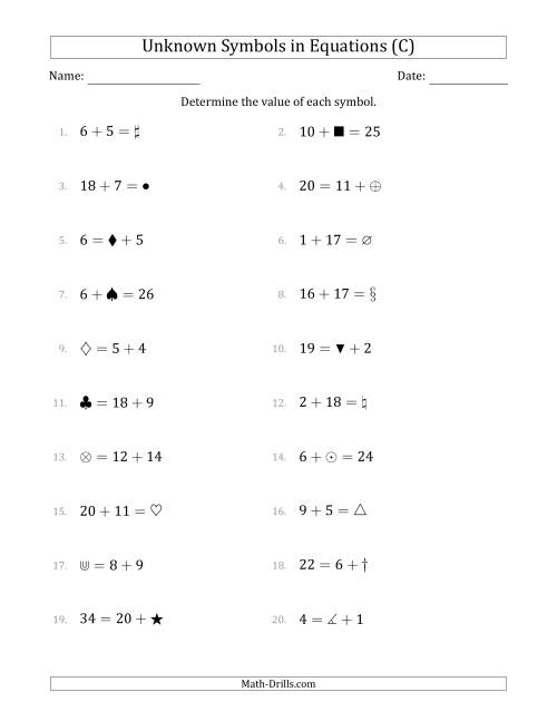 The Unknown Symbols in Equations - Addition - Range 1 to 20 - Any Position (C) Math Worksheet