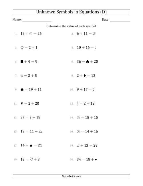 The Unknown Symbols in Equations - Addition - Range 1 to 20 - Any Position (D) Math Worksheet