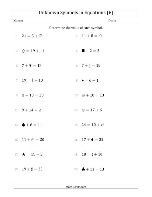 The Unknown Symbols in Equations - Addition - Range 1 to 20 - Any Position (E) Math Worksheet