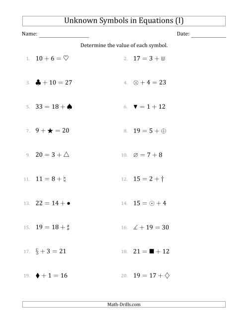 The Unknown Symbols in Equations - Addition - Range 1 to 20 - Any Position (I) Math Worksheet