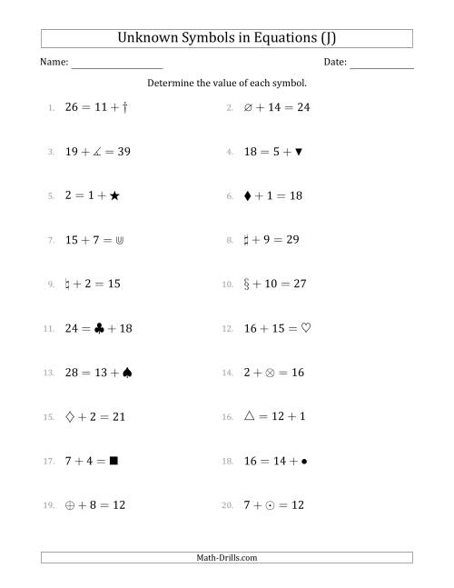 The Unknown Symbols in Equations - Addition - Range 1 to 20 - Any Position (J) Math Worksheet