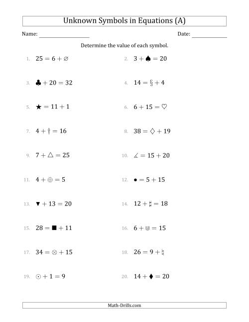 The Unknown Symbols in Equations - Addition - Range 1 to 20 - Any Position (All) Math Worksheet
