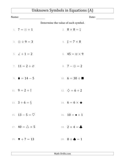 The Unknown Symbols in Equations - All Operations - Range 1 to 9 - Any Position (A) Math Worksheet
