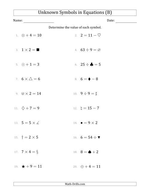 The Unknown Symbols in Equations - All Operations - Range 1 to 9 - Any Position (B) Math Worksheet