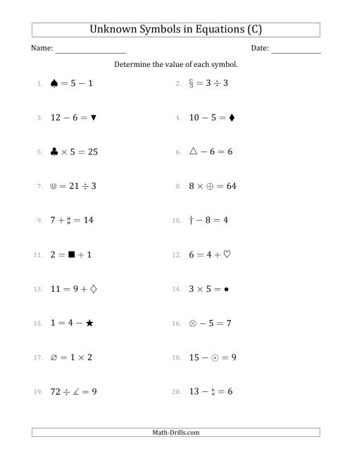 The Unknown Symbols in Equations - All Operations - Range 1 to 9 - Any Position (C) Math Worksheet