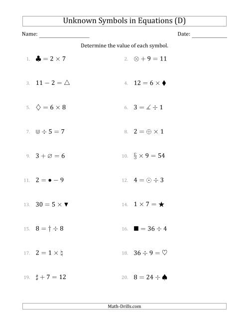 The Unknown Symbols in Equations - All Operations - Range 1 to 9 - Any Position (D) Math Worksheet