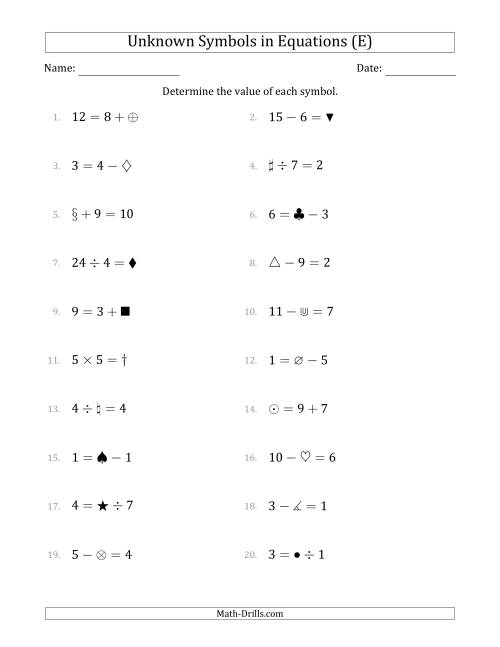 The Unknown Symbols in Equations - All Operations - Range 1 to 9 - Any Position (E) Math Worksheet