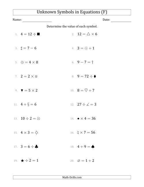 The Unknown Symbols in Equations - All Operations - Range 1 to 9 - Any Position (F) Math Worksheet