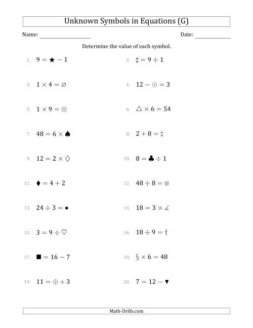 The Unknown Symbols in Equations - All Operations - Range 1 to 9 - Any Position (G) Math Worksheet