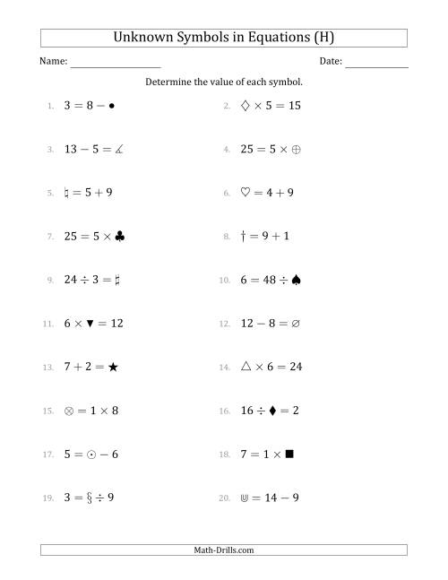 The Unknown Symbols in Equations - All Operations - Range 1 to 9 - Any Position (H) Math Worksheet