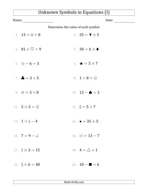 The Unknown Symbols in Equations - All Operations - Range 1 to 9 - Any Position (I) Math Worksheet