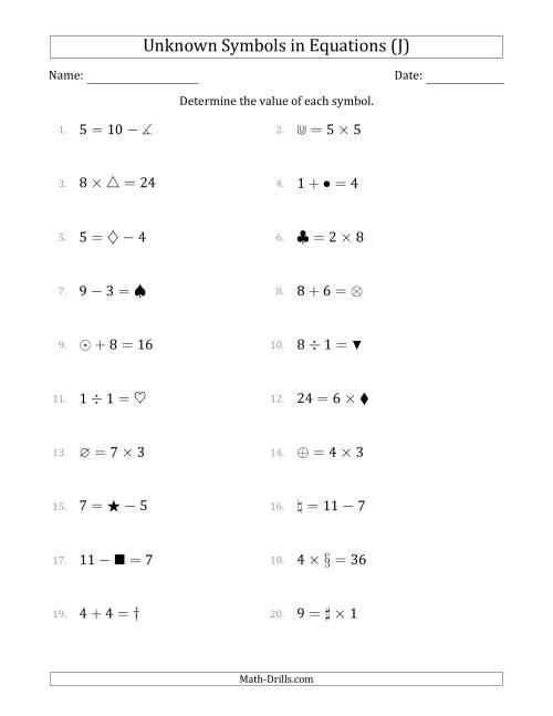 The Unknown Symbols in Equations - All Operations - Range 1 to 9 - Any Position (J) Math Worksheet
