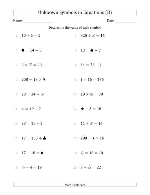 The Unknown Symbols in Equations - All Operations - Range 1 to 20 - Any Position (B) Math Worksheet