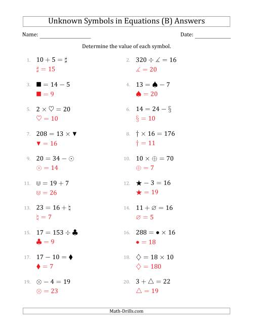 The Unknown Symbols in Equations - All Operations - Range 1 to 20 - Any Position (B) Math Worksheet Page 2