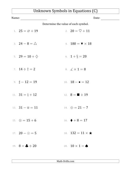 The Unknown Symbols in Equations - All Operations - Range 1 to 20 - Any Position (C) Math Worksheet