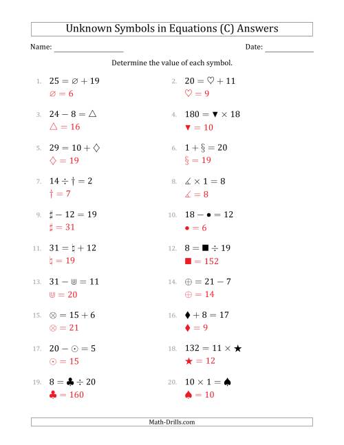 The Unknown Symbols in Equations - All Operations - Range 1 to 20 - Any Position (C) Math Worksheet Page 2