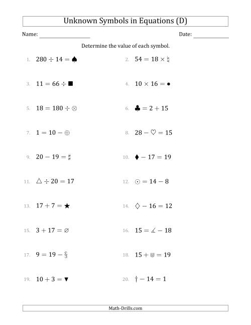 The Unknown Symbols in Equations - All Operations - Range 1 to 20 - Any Position (D) Math Worksheet