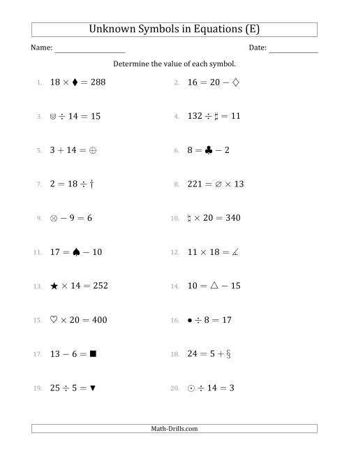The Unknown Symbols in Equations - All Operations - Range 1 to 20 - Any Position (E) Math Worksheet