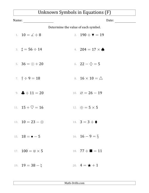 The Unknown Symbols in Equations - All Operations - Range 1 to 20 - Any Position (F) Math Worksheet
