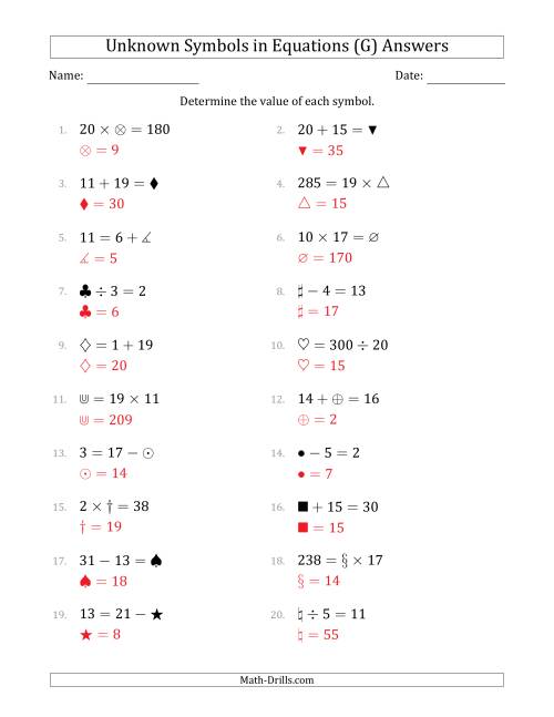 The Unknown Symbols in Equations - All Operations - Range 1 to 20 - Any Position (G) Math Worksheet Page 2
