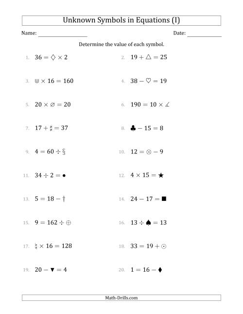 The Unknown Symbols in Equations - All Operations - Range 1 to 20 - Any Position (I) Math Worksheet