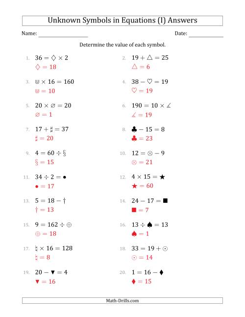 The Unknown Symbols in Equations - All Operations - Range 1 to 20 - Any Position (I) Math Worksheet Page 2