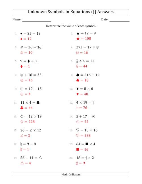 The Unknown Symbols in Equations - All Operations - Range 1 to 20 - Any Position (J) Math Worksheet Page 2