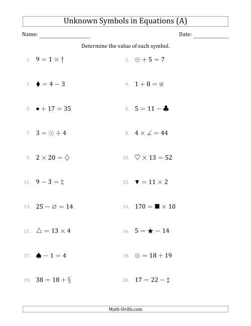 The Unknown Symbols in Equations - All Operations - Range 1 to 20 - Any Position (All) Math Worksheet